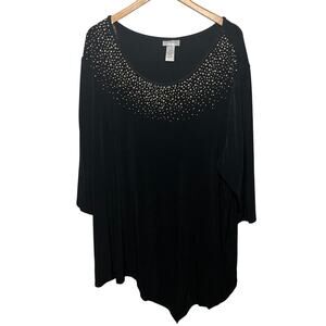 Catherines Tunic Black Gold Studded Asymmetrical Evening Dressy Slinky Knit 3X